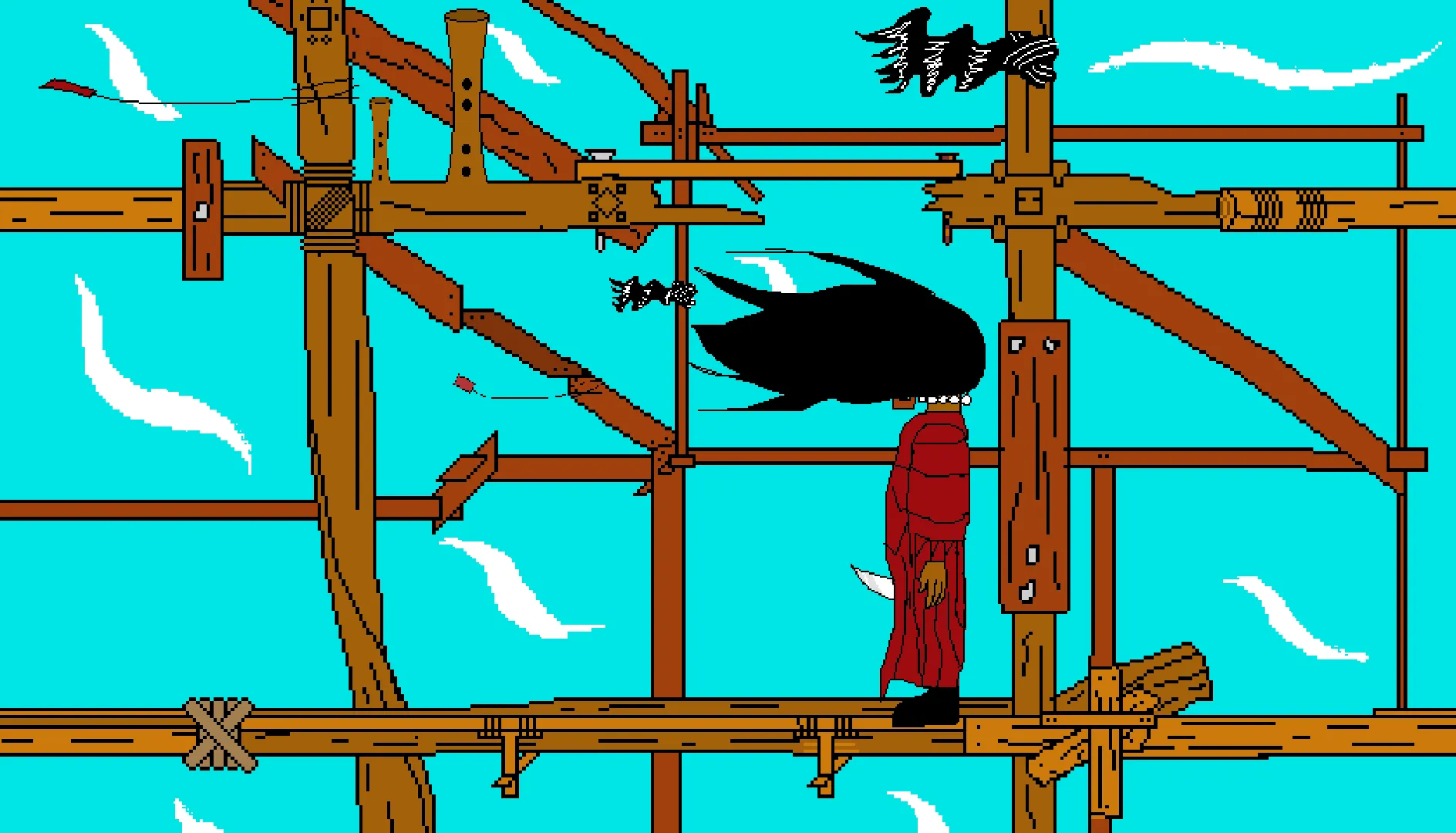 Screenshot of the main protagonist of the game standing on a ship's bridge structure.
