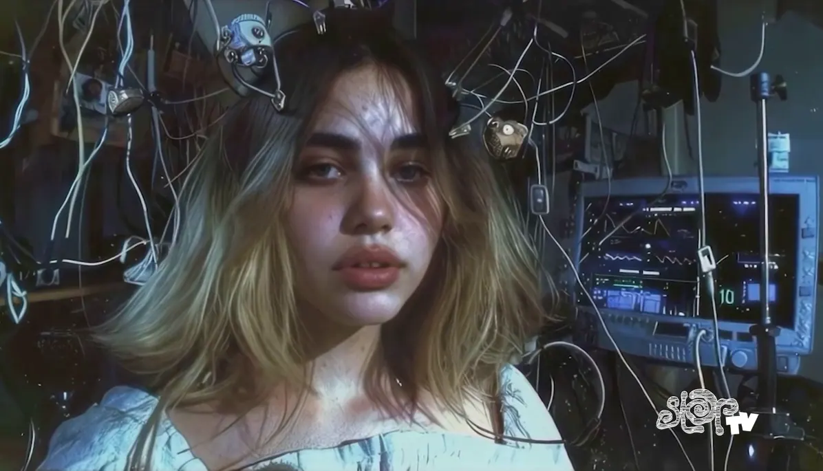 Screenshot from the film with a girl conducting a test, machinery connected to her head.
