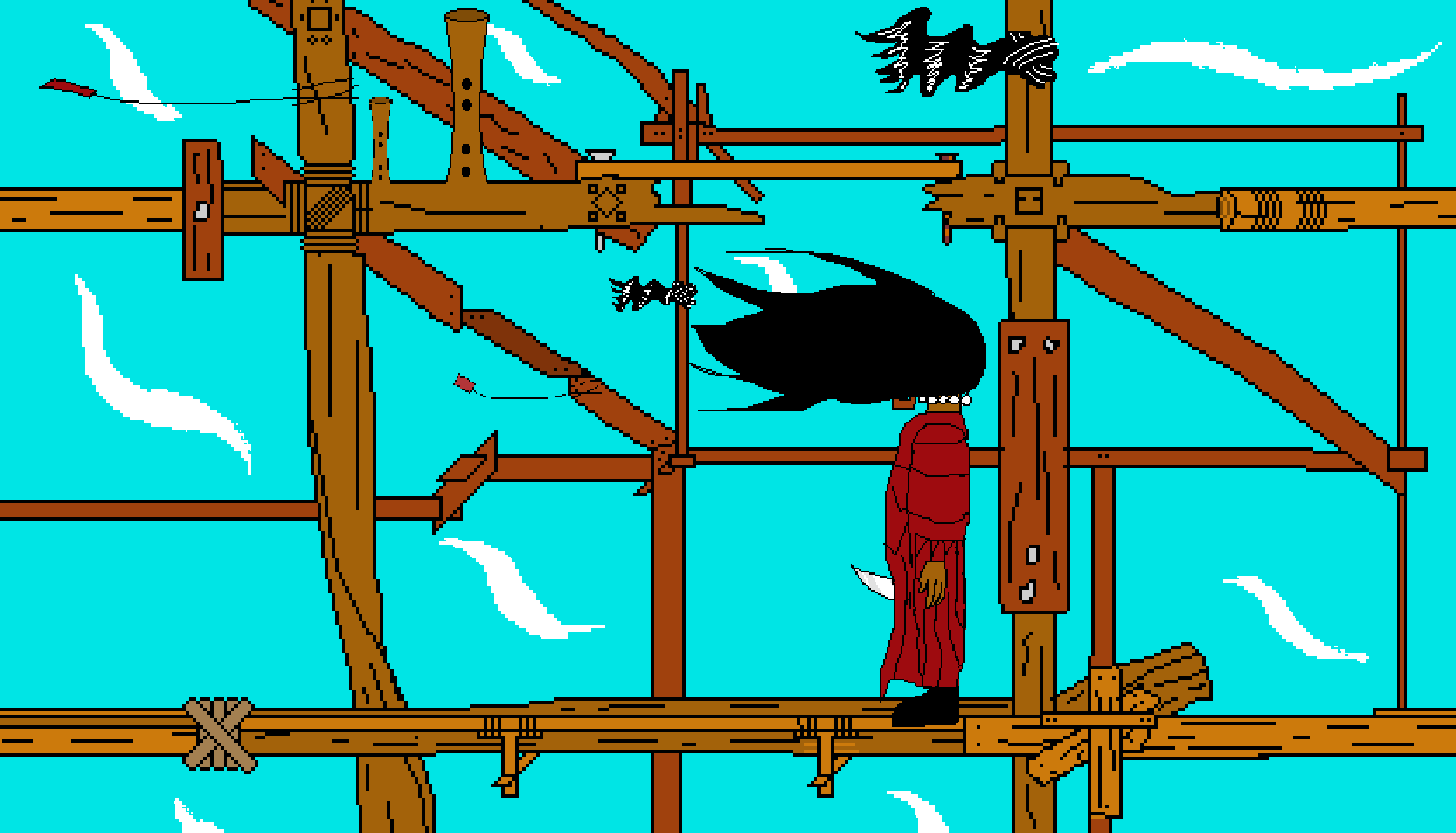 Screenshot of the main protagonist of the game standing on a ship's bridge structure.